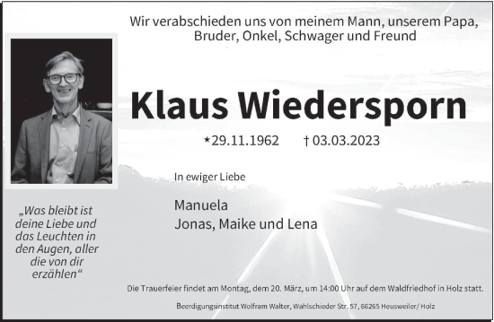 Traueranzeige von Klaus Wiedersporn von saarbruecker_zeitung