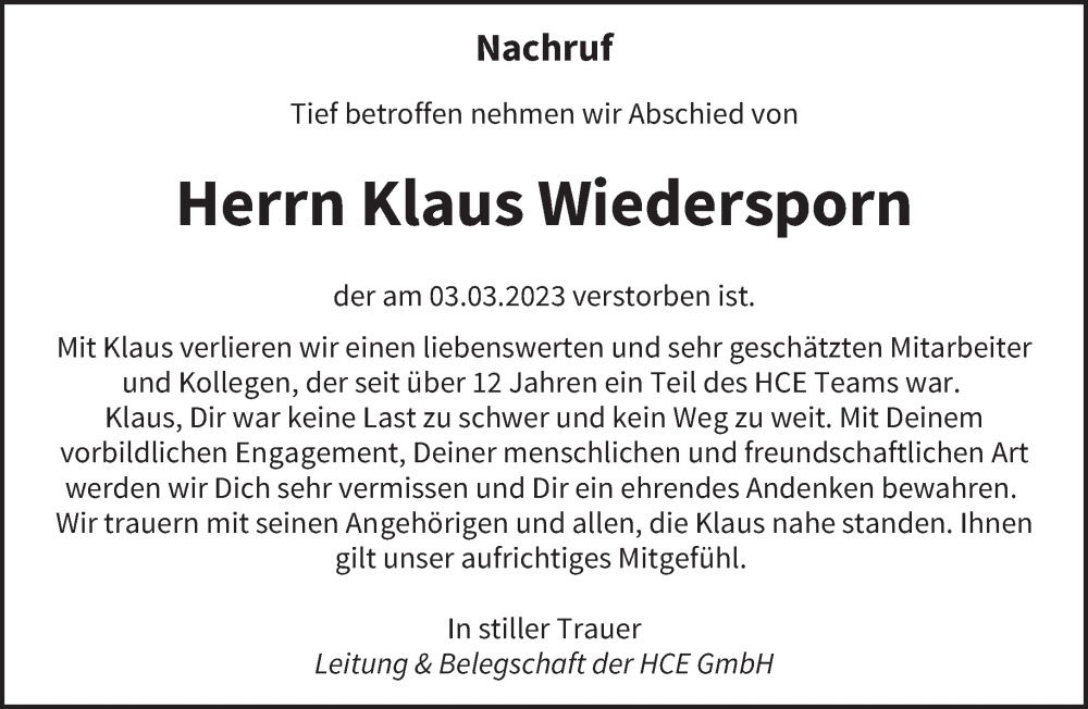  Traueranzeige für Klaus Wiedersporn vom 11.03.2023 aus saarbruecker_zeitung