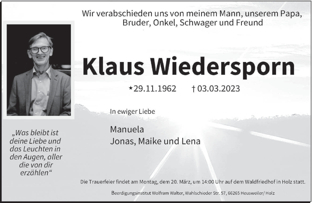  Traueranzeige für Klaus Wiedersporn vom 11.03.2023 aus saarbruecker_zeitung