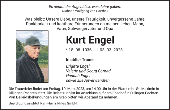 Traueranzeige von Kurt Engel von saarbruecker_zeitung