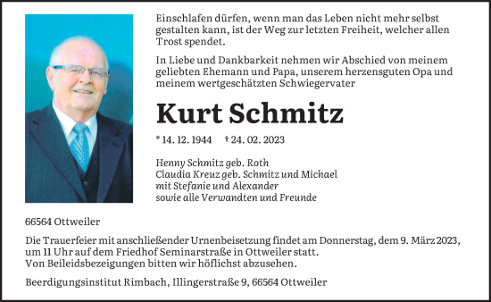 Traueranzeige von Kurt Schmitz von saarbruecker_zeitung