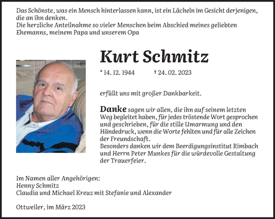 Traueranzeige von Kurt Schmitz von saarbruecker_zeitung