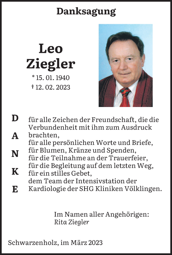 Traueranzeige von Leo Ziegler von saarbruecker_zeitung