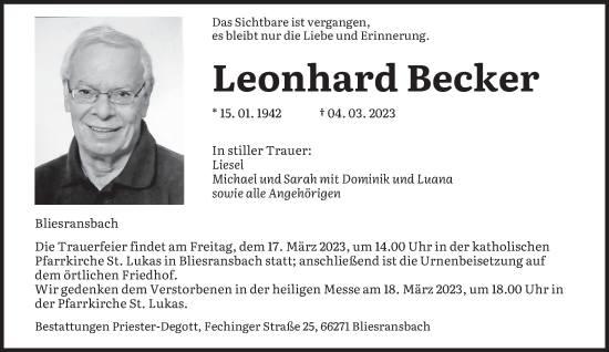 Traueranzeige von Leonhard Becker von saarbruecker_zeitung