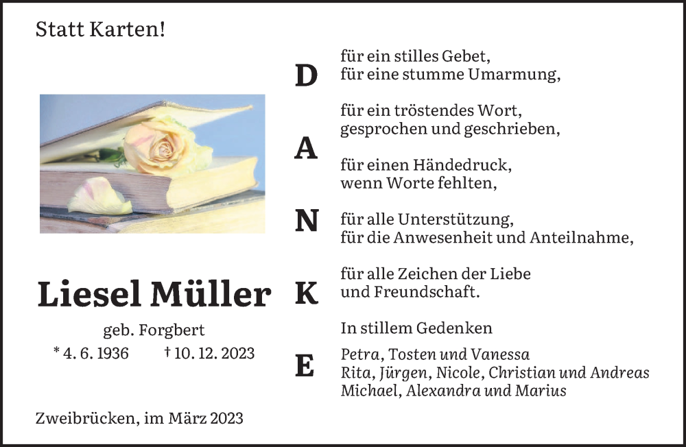  Traueranzeige für Liesel Müller vom 18.03.2023 aus saarbruecker_zeitung
