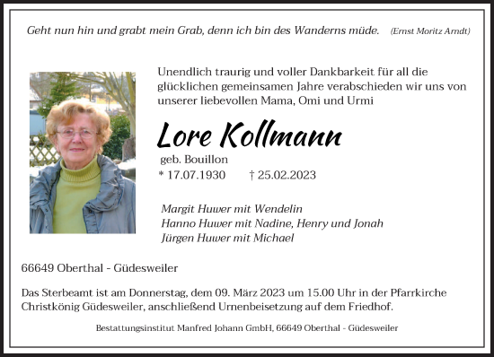 Traueranzeige von Lore Kollmann von saarbruecker_zeitung