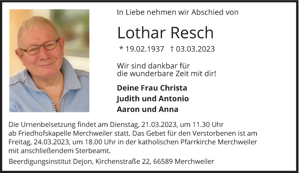  Traueranzeige für Lothar Resch vom 11.03.2023 aus saarbruecker_zeitung