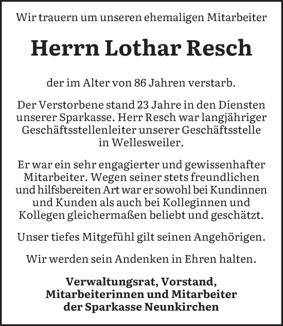 Traueranzeige von Lothar Resch von saarbruecker_zeitung