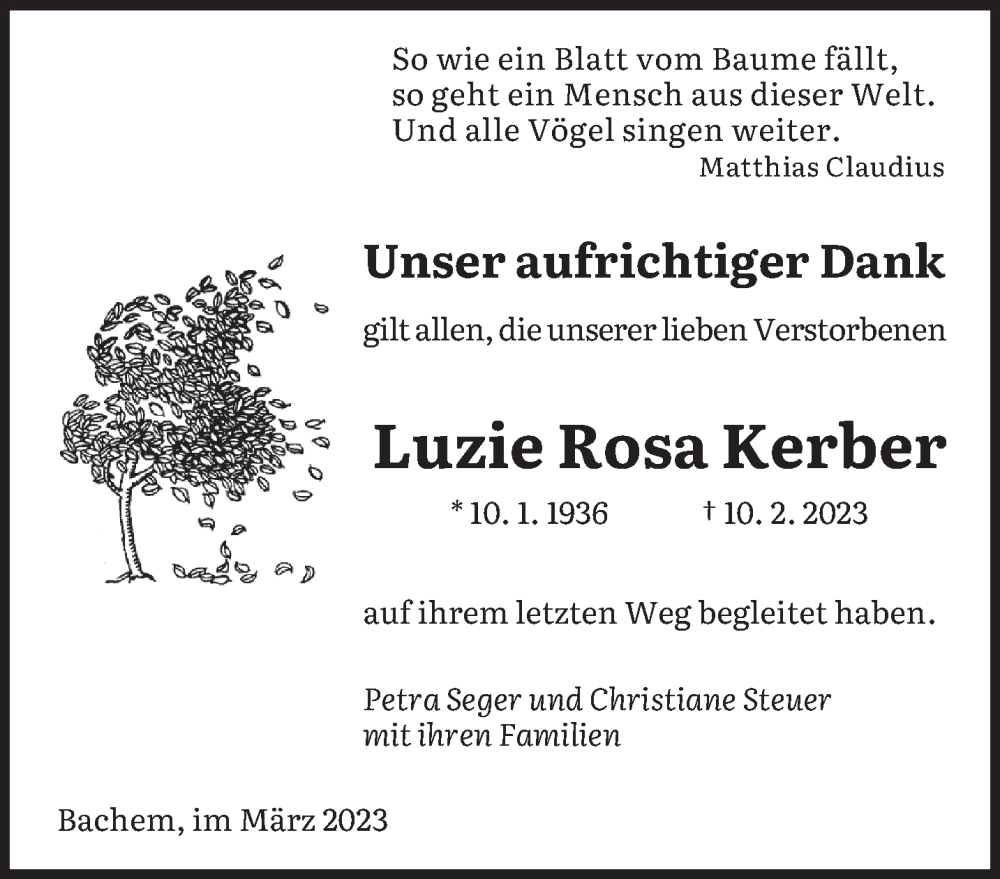  Traueranzeige für Luzie Rosa Kerber vom 08.03.2023 aus saarbruecker_zeitung