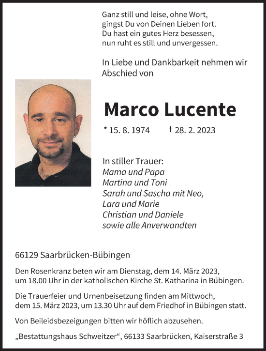 Traueranzeige von Marco Lucente von saarbruecker_zeitung