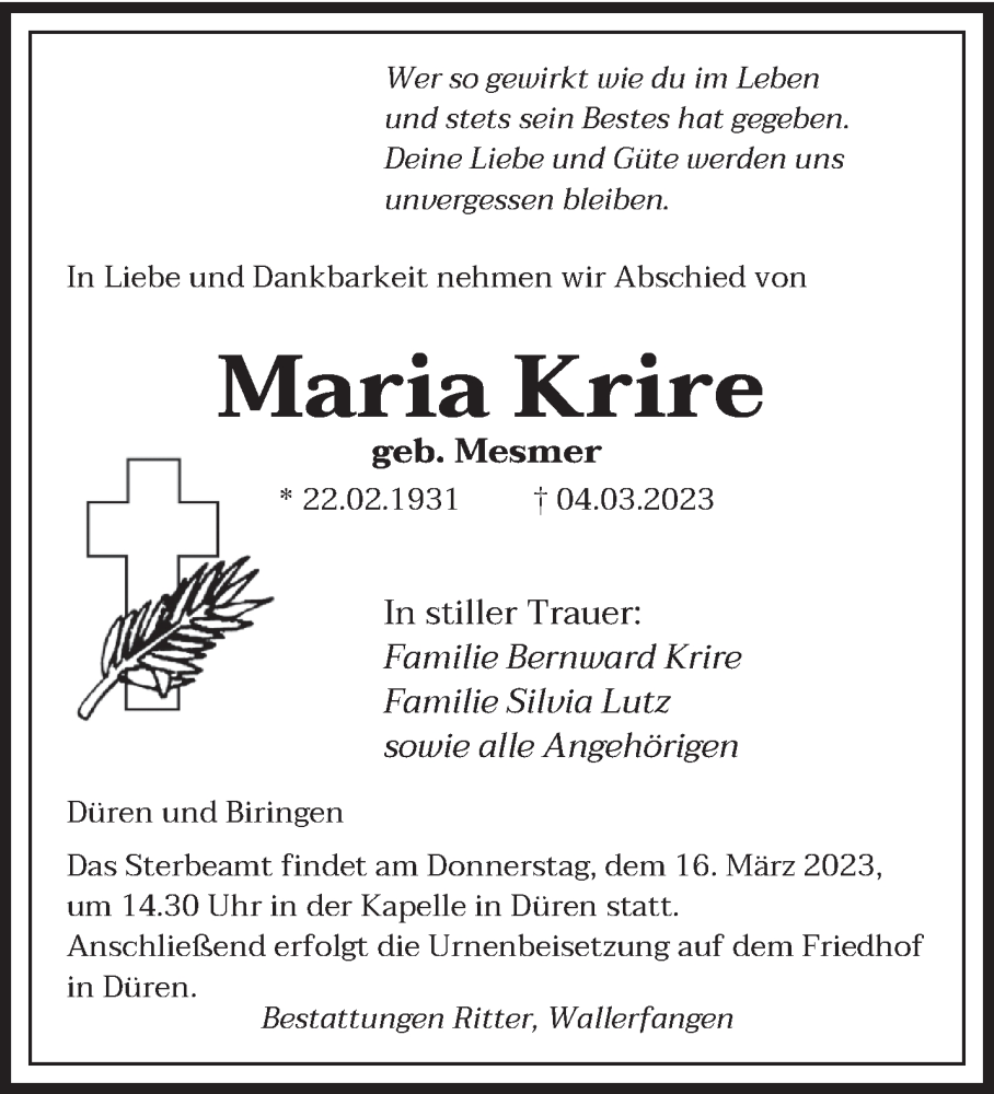  Traueranzeige für Maria Krire vom 11.03.2023 aus saarbruecker_zeitung