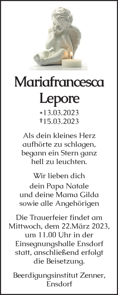  Traueranzeige für Mariafrancesca Lepore vom 20.03.2023 aus saarbruecker_zeitung