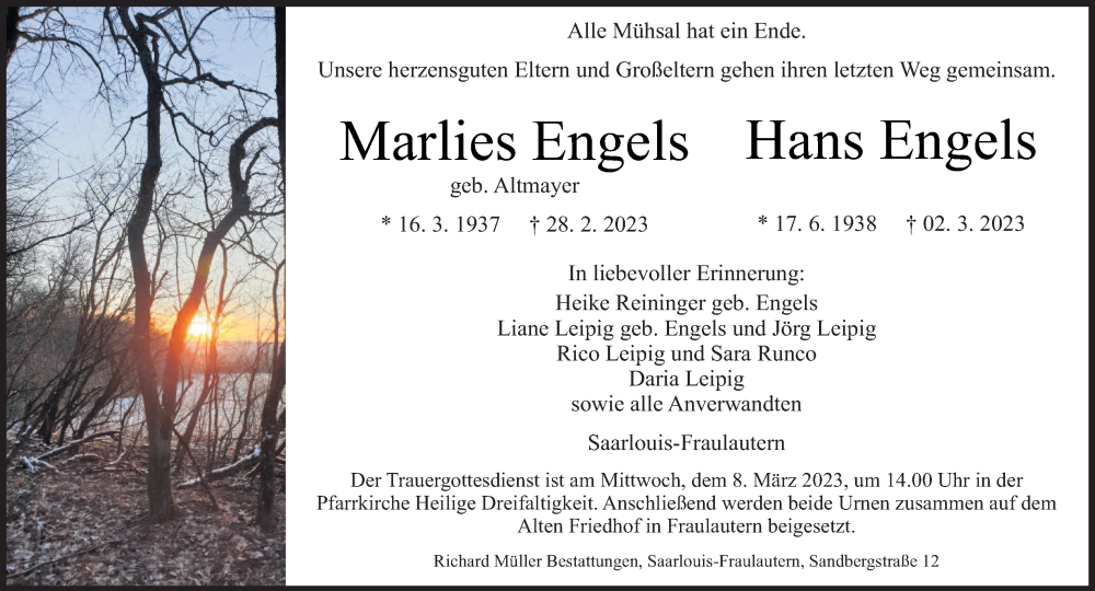  Traueranzeige für Marlies und Hans Engels vom 04.03.2023 aus saarbruecker_zeitung