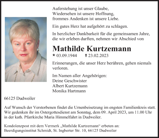 Traueranzeige von Mathilde Kurtzemann von saarbruecker_zeitung