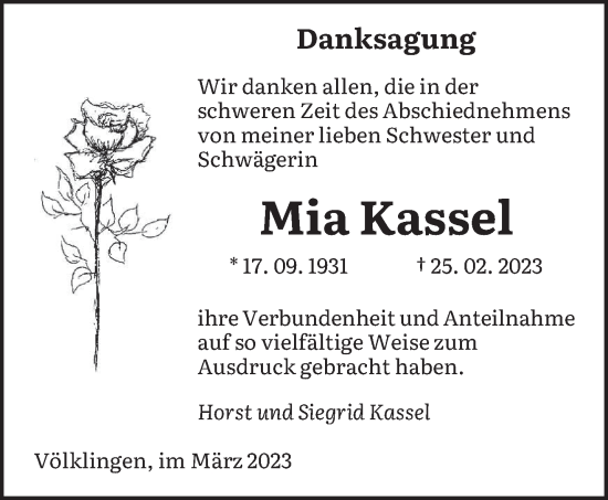 Traueranzeige von Mia Kassel von saarbruecker_zeitung