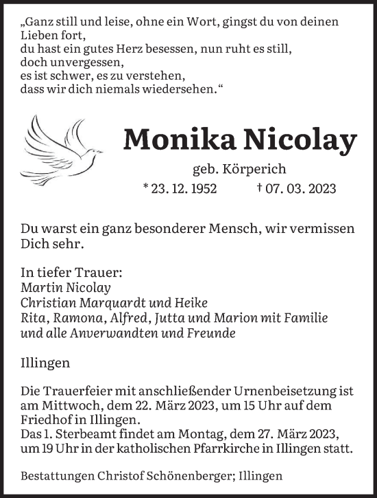 Traueranzeige von Monika Nicolay von saarbruecker_zeitung