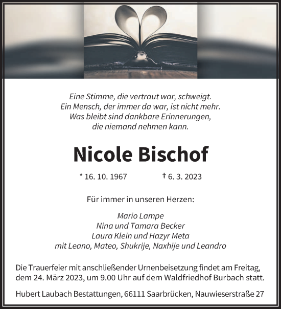 Traueranzeige von Nicole Bischof von saarbruecker_zeitung