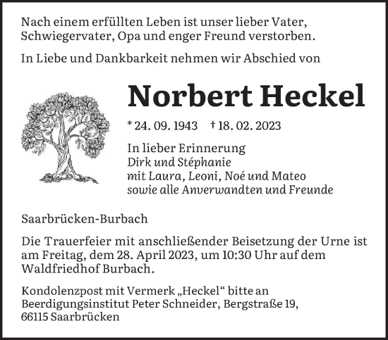 Traueranzeige von Norbert Heckel von saarbruecker_zeitung