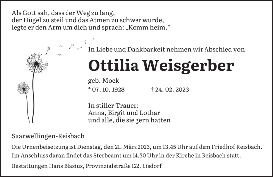 Traueranzeige von Ottilia Weisgerber von saarbruecker_zeitung
