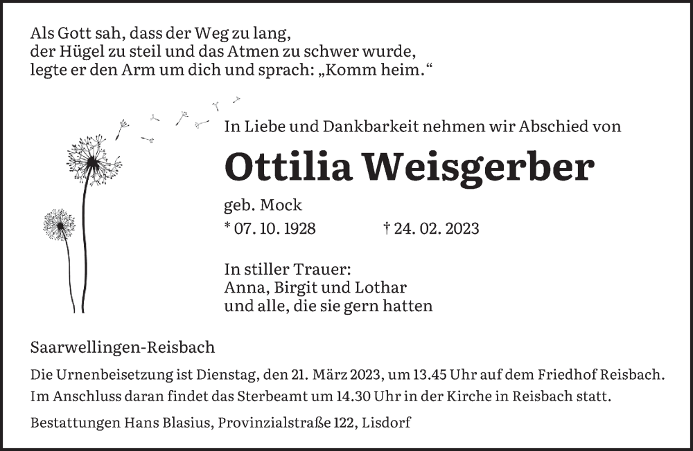  Traueranzeige für Ottilia Weisgerber vom 11.03.2023 aus saarbruecker_zeitung