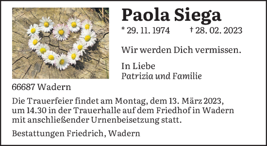 Traueranzeige von Paola Siega von saarbruecker_zeitung