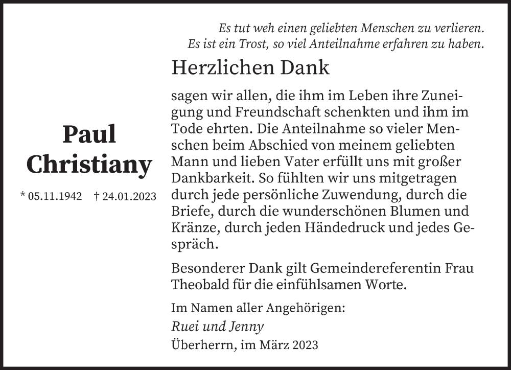  Traueranzeige für Paul Christiany vom 18.03.2023 aus saarbruecker_zeitung