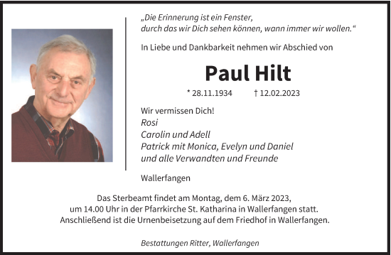 Traueranzeige von Paul Hilt von saarbruecker_zeitung