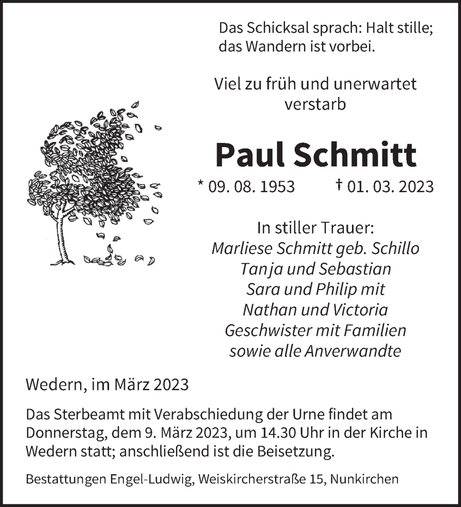  Traueranzeige für Paul Schmitt vom 04.03.2023 aus saarbruecker_zeitung