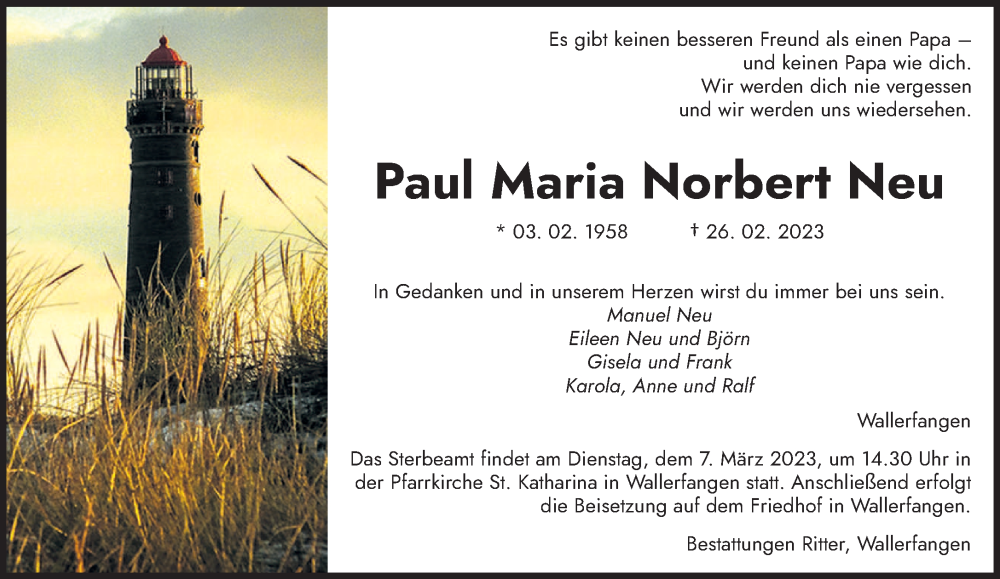  Traueranzeige für Paul Maria Norbert Neu vom 04.03.2023 aus saarbruecker_zeitung