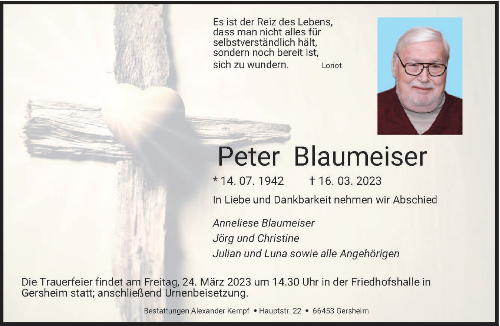  Traueranzeige für Peter Blaumeiser vom 21.03.2023 aus saarbruecker_zeitung