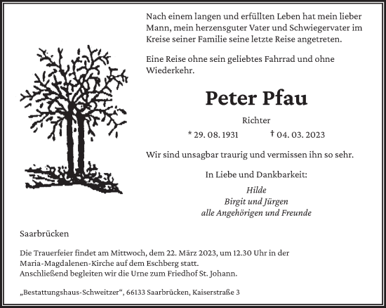 Traueranzeige von Peter Pfau von saarbruecker_zeitung