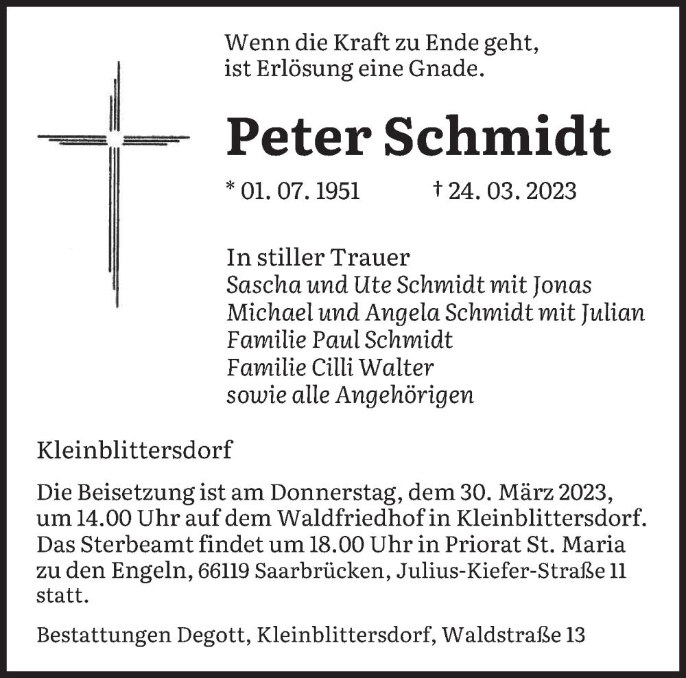  Traueranzeige für Peter Schmidt vom 29.03.2023 aus saarbruecker_zeitung