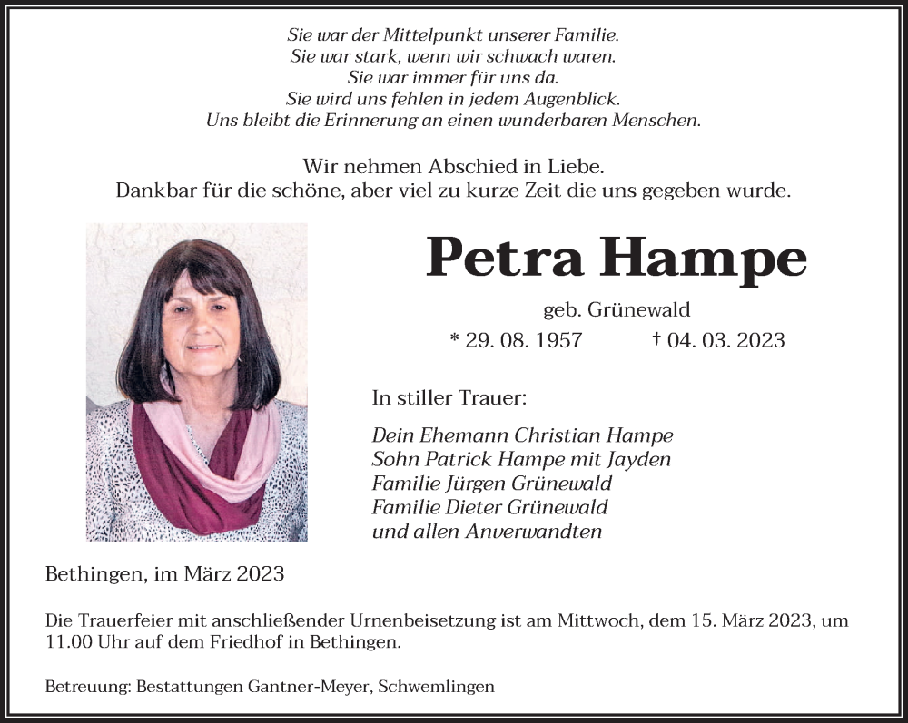  Traueranzeige für Petra Hampe vom 08.03.2023 aus saarbruecker_zeitung