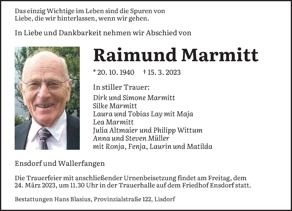  Traueranzeige für Raimund Marmitt vom 18.03.2023 aus saarbruecker_zeitung