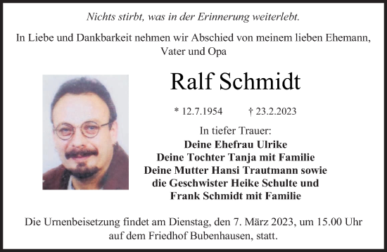 Traueranzeige von Ralf Schmidt von saarbruecker_zeitung