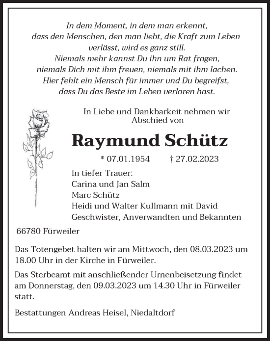Traueranzeige von Raymund Schütz von saarbruecker_zeitung