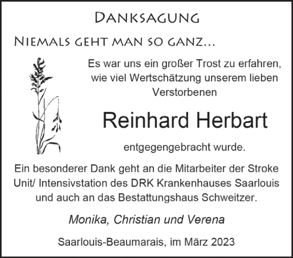  Traueranzeige für Reinhard Herbart vom 11.03.2023 aus saarbruecker_zeitung