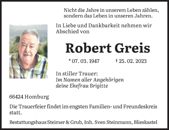 Traueranzeige von Robert Greis von saarbruecker_zeitung
