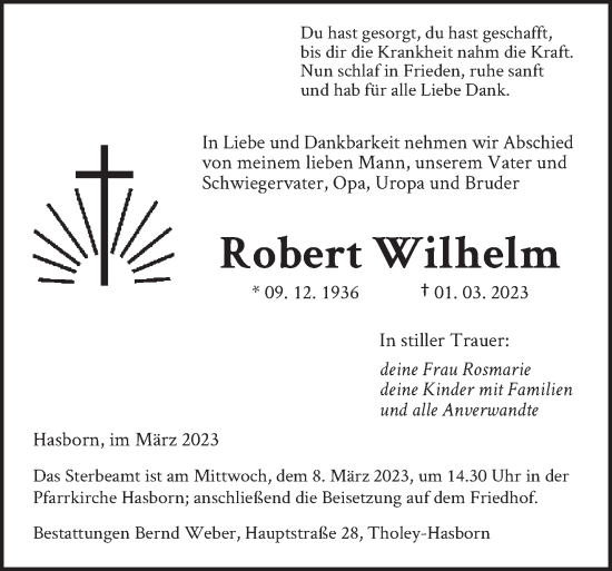 Traueranzeige von Robert Wilhelm von saarbruecker_zeitung