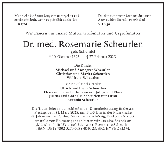 Traueranzeige von Rosemarie Scheurlen von saarbruecker_zeitung