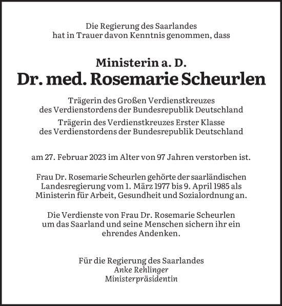 Traueranzeige von Rosemarie Scheurlen von saarbruecker_zeitung