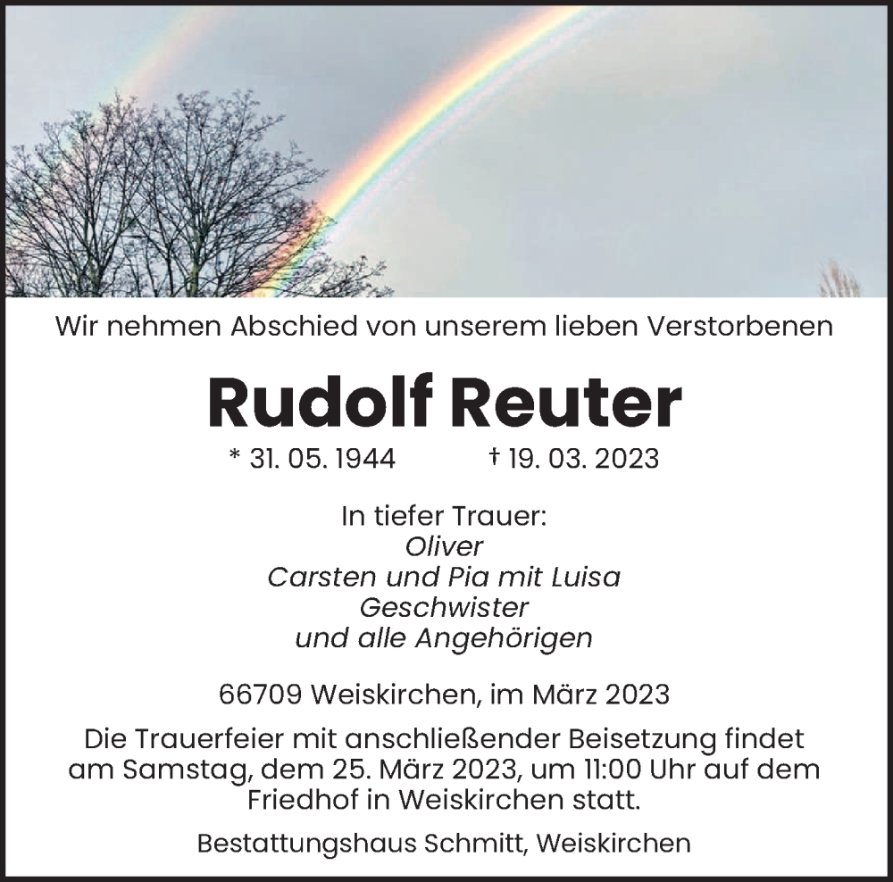  Traueranzeige für Rudolf Reuter vom 22.03.2023 aus saarbruecker_zeitung