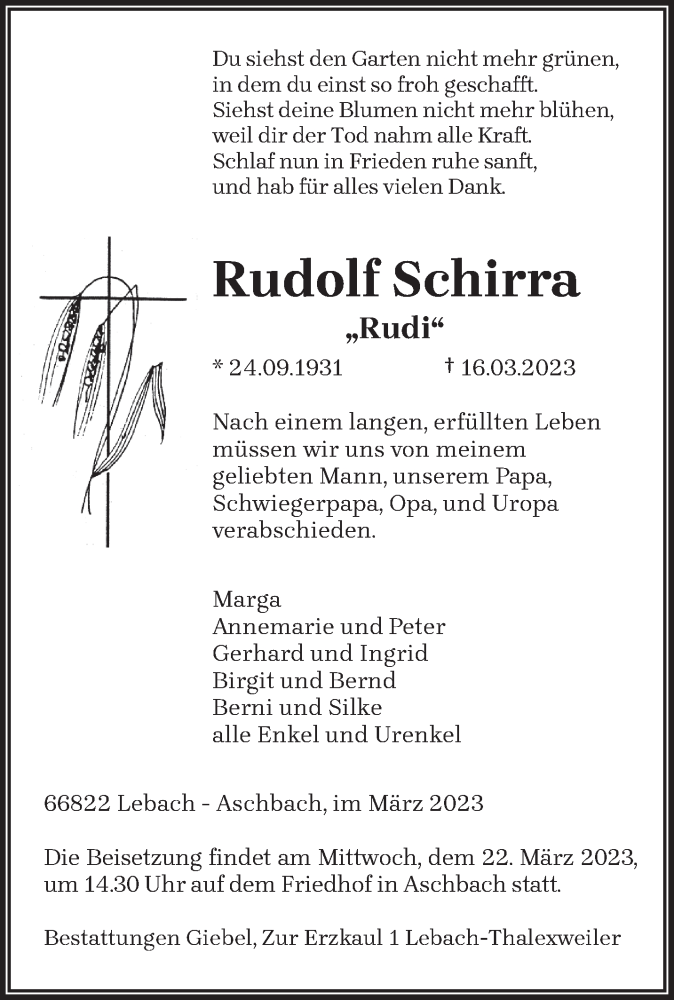  Traueranzeige für Rudolf Schirra vom 20.03.2023 aus saarbruecker_zeitung
