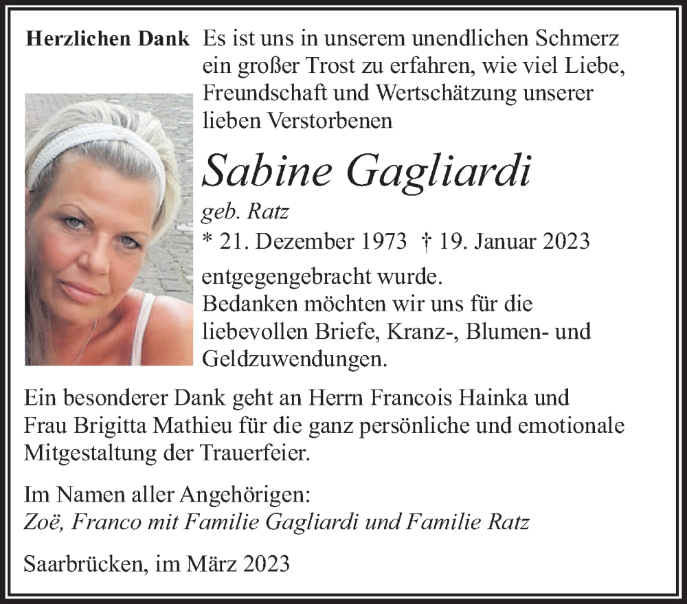  Traueranzeige für Sabine Gagliardi vom 11.03.2023 aus saarbruecker_zeitung