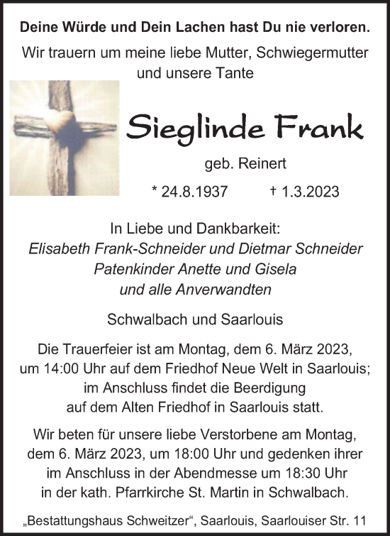 Traueranzeige von Sieglinde Frank von saarbruecker_zeitung