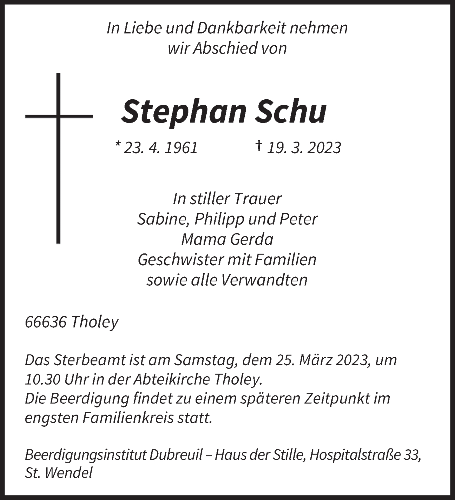  Traueranzeige für Stephan Schu vom 22.03.2023 aus saarbruecker_zeitung