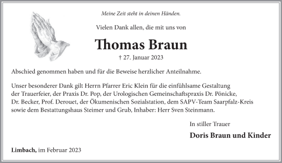 Traueranzeige von Thomas Braun von saarbruecker_zeitung