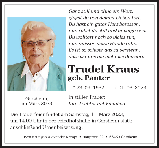 Traueranzeige von Trudel Kraus von saarbruecker_zeitung