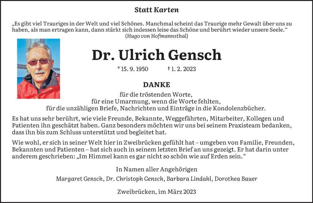  Traueranzeige für Ulrich Gensch vom 18.03.2023 aus saarbruecker_zeitung