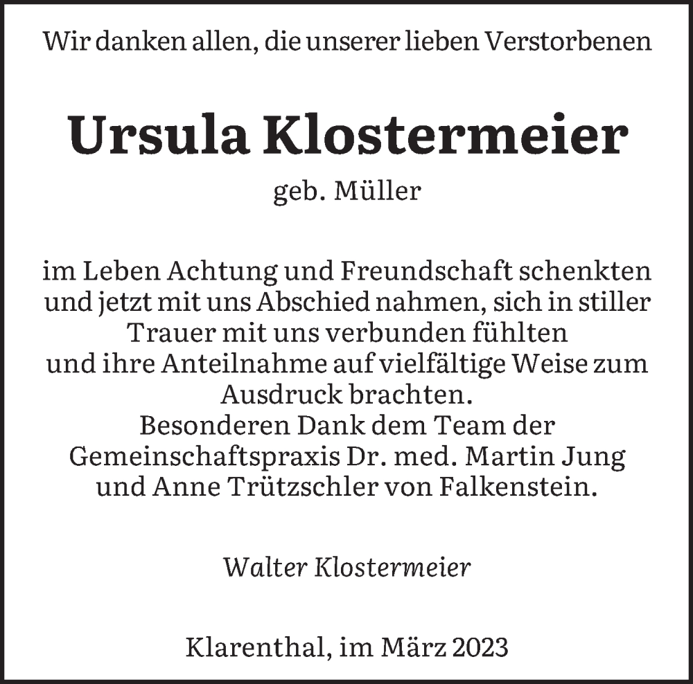  Traueranzeige für Ursula Klostermeier vom 04.03.2023 aus saarbruecker_zeitung